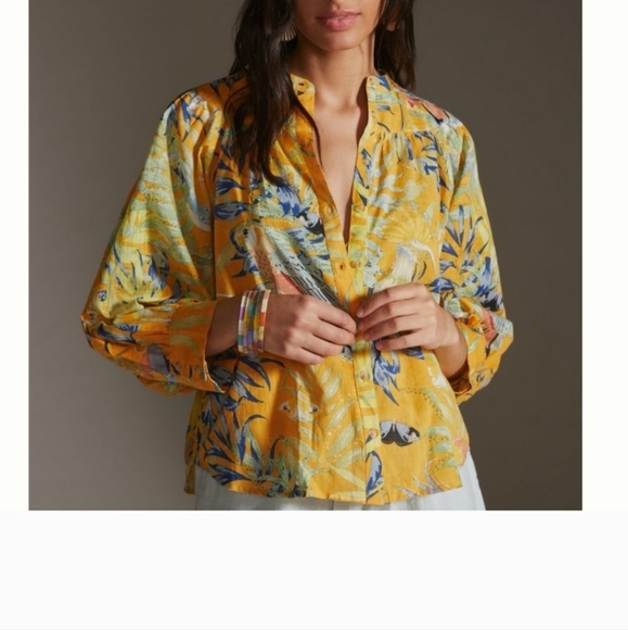 Anthropologie Maeve Puff-Sleeved Floral Butterfly Parrot Buttondown Shirt XS - Picture 6 of 11